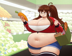  1girls amber_eyes bbw belly better_with_salt big_belly breasts brown_hair carrot fat female huge_breasts overweight overweight_female plump redraw shopping skindentation thick_thighs thighs 