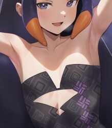  :d absurdres armpits arms_up bare_shoulders black_dress blush collarbone commentary cutout_above_navel dress english_commentary female flat_chest highres hololive hololive_english katoshseisou long_hair looking_at_viewer multicolored_hair ninomae_ina&#039;nis ninomae_ina&#039;nis_(1st_costume) open_mouth orange_hair purple_background purple_eyes purple_hair sidelocks smile solo strapless strapless_dress tentacle_hair tube_dress two-tone_hair upper_body virtual_youtuber 