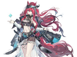  animal_ears arknights bare_shoulders black_shirt crop_top detached_sleeves echj female highres long_hair long_sleeves midriff narantuya_(arknights) navel red_hair shirt simple_background solo standing stomach thighs very_long_hair white_background 