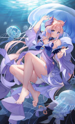  absurdres arm_up armpit_crease bare_legs bare_shoulders barefoot blue_choker blue_nails blunt_bangs bow bow-shaped_hair chest_bow choker closed_mouth detached_collar detached_sleeves dot_nose english_commentary female full_body genshin_impact gradient_hair hair_intakes hair_ornament hand_up highres jellyfish light_blush long_hair looking_at_viewer multicolored_hair nail_polish peach_(user_vhwx3478) pink_hair purple_bow purple_eyes purple_hair purple_sleeves sangonomiya_kokomi shirt shorts sitting sleeveless sleeveless_shirt solo strapless strapless_shirt toenail_polish toenails toes underwater vision_(genshin_impact) white_shirt white_shorts 