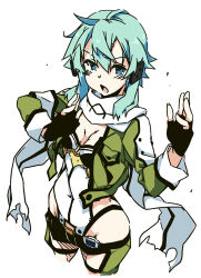  aqua_eyes aqua_hair belt black_gloves black_shorts blush bodysuit breasts cleavage collarbone covered_navel cowboy_shot cropped_legs female fingerless_gloves gloves green_jacket groin hair_between_eyes hair_ornament highres jacket looking_at_viewer medium_breasts midriff navel open_clothes open_mouth scarf shikei short_hair short_shorts shorts sidelocks simple_background sinon solo standing sword_art_online thigh_strap thighs unzipped white_background 