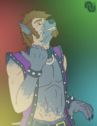  beard belt bottomwear canid canine canis claws clothing collar cuff_(restraint) ear_piercing facial_hair finger_claws hi_res human male mammal nenanauso pants piercing restraints topwear transformation transformation_through_magic transformative_collar vest wolf wrist_cuffs 