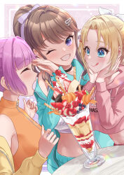  3girls :q ;d absurdres anyoji_hime aqua_jacket blonde_hair blue_eyes blueberry blunt_bangs blush border breasts brown_hair cherry closed_eyes closed_mouth commentary cropped_hoodie don_quijote_(store) food fruit fujishima_megumi grin hair_ribbon hands_on_own_cheeks hands_on_own_face highres hood hoodie jacket kobassy link!_like!_love_live! long_hair long_sleeves love_live! medium_breasts midriff mira-cra_park! multiple_girls navel off_shoulder official_alternate_costume official_alternate_hairstyle one_eye_closed open_clothes open_jacket open_mouth orange_(fruit) orange_slice osawa_rurino outside_border palms_together pink_hair ponytail purple_background purple_eyes purple_ribbon ribbon shirt sidelocks sleeveless sleeveless_shirt smile sports_bra strawberry strawberry_parfait strawberry_slice teeth tongue tongue_out triangle_mouth upper_body virtual_youtuber wafer_stick whipped_cream white_border white_sports_bra yellow_jacket 