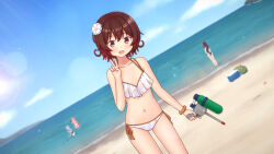  4girls beach bikini blue_sky breasts brown_hair cloud commentary_request cooler cowboy_shot day dutch_angle floral_print flower frilled_bikini frills hair_flower hair_ornament highres horizon kantai_collection kisaragi_(kancolle) konato_k multiple_girls mutsuki_(kancolle) ocean outdoors red_eyes short_hair side-tie_bikini_bottom sky small_breasts solo_focus standing swimsuit uzuki_(kancolle) v water_gun white_bikini yayoi_(kancolle) 