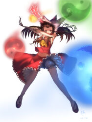  arm_up armpits ascot bloomers bow brown_eyes brown_hair commentary_request detached_sleeves duplicate fantasy_seal female gohei hair_tubes hairbow hakurei_reimu highres legs_apart long_hair navel ofuda photoshop_(medium) pixel-perfect_duplicate qingmingtongzi sarashi signature skirt skirt_set socks solo standing touhou underwear white_background yin_yang 