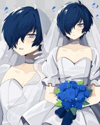  1boy absurdres blue_flower blue_hair blush bobamiruku bouquet bridal_veil bride collarbone commentary cowboy_shot crossdressing dress earrings english_commentary eyelashes falling_petals flower frilled_sleeves frills grey_choker grey_dress grey_eyes hair_over_one_eye highres holding holding_bouquet jewelry looking_at_viewer male_focus multiple_views one_eye_covered otoko_no_ko parted_lips persona persona_3 petals puffy_short_sleeves puffy_sleeves short_hair short_sleeves stud_earrings upper_body veil yuuki_makoto_(persona_3) 