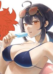  2girls :p ahoge bare_shoulders bikini black_bikini black_hair eyewear_on_head food grace_howard highres holding holding_food holding_popsicle koleda_belobog long_hair looking_at_viewer low_ponytail multiple_girls orange_eyes popsicle red_hair shiraki_(y_aira_srk) sidelocks sunglasses swimsuit tongue tongue_out unfinished upper_body zenless_zone_zero 