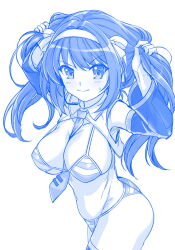  between_breasts bikini blue_theme breasts cosplay cowboy_shot female haruhisky hatsune_miku hatsune_miku_(cosplay) highres holding holding_own_hair large_breasts monochrome necktie necktie_between_breasts official_alternate_hair_length official_alternate_hairstyle shrug_(clothing) solo striped_bikini striped_clothes suzumiya_haruhi suzumiya_haruhi_no_yuuutsu swimsuit twintails 