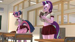  3d_(artwork) anthro anthrofied anthroponiessfm ass big_butt blush book bottomwear classroom classroom_desk clothing desk digital_media_(artwork) duo equid equine eyewear friendship_is_magic furniture glasses hair hair_bun hasbro hi_res horn mammal miniskirt my_little_pony mythological_creature mythological_equine mythology panties school school_uniform shirt skirt starlight_glimmer_(mlp) table topwear twilight_sparkle_(mlp) underwear unicorn uniform 