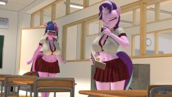  3d_(artwork) angry anthro anthrofied anthroponiessfm blush book bottomwear classroom classroom_desk closed_eyes clothing desk digital_media_(artwork) duo equid equine eyewear friendship_is_magic furniture glasses hair hair_bun hasbro hi_res horn mammal miniskirt my_little_pony mythological_creature mythological_equine mythology panties school school_uniform shirt skirt starlight_glimmer_(mlp) table topwear twilight_sparkle_(mlp) underwear unicorn uniform 