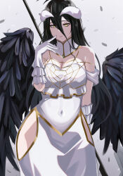  absurdres albedo_(overlord) bare_shoulders black_feathers black_hair black_wings breasts cleavage collar covered_navel cowboy_shot demon_girl demon_horns detached_collar dress feathered_wings feathers female gloves hair_between_eyes highres hip_vent horns lich long_hair looking_at_viewer low_horns low_wings navel overlord_(maruyama) shee-p_(inemurisheep113) simple_background solo standing thighs white_background white_collar white_dress white_gloves white_horns wings yellow_eyes 