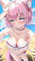  :3 animal_ear_fluff animal_ears antenna_hair arm_over_head arm_up bare_shoulders beach bikini blue_sky blush braid breasts choker cleavage close-up closed_mouth cloud cloudy_sky collarbone commentary_request corrupted_twitter_file day extra_ears female frilled_bikini frilled_choker frills from_above groin hair_ornament hair_ribbon hairclip hakui_koyori hakui_koyori_(summer) heart highres hololive kokoro_(hakui_koyori) large_breasts looking_at_viewer medium_hair minoriminoru0 nail_polish navel ocean official_alternate_costume official_alternate_hairstyle outdoors pink_choker pink_hair pink_nails pink_ribbon plant purple_eyes ribbon sand sand_writing sky solo starfish stomach sweat swimsuit tail thighs two-tone_choker virtual_youtuber water white_bikini white_choker wolf_ears wolf_girl wolf_tail 