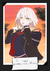  ahoge bag between_breasts black_choker black_jacket black_vest blue_bag breasts choker collared_shirt commentary_request fate/grand_order fate_(series) female grey_hair hair_between_eyes highres holding holding_bag jacket jeanne_d&#039;arc_alter_(fate) large_breasts long_sleeves looking_at_viewer necktie necktie_between_breasts official_alternate_costume open_clothes open_jacket open_mouth pale_skin photo_(object) pocket red_necktie ri_o_ne_su school_bag school_uniform shirt short_hair solo translation_request uniform vest white_shirt yellow_eyes 