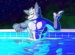  anthro canid canine canis digital_media_(artwork) fizzyjay fur grey_body grey_fur hi_res looking_at_viewer male mammal muscular muscular_male nintendo nipples pool smile solo star_fox swimming_pool water wolf wolf_o&#039;donnell 