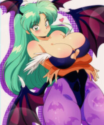  1990s_(style) absurdres animal_print bat_print black_leotard breasts bridal_gauntlets cleavage darkstalkers female green_eyes green_hair head_wings highres large_breasts leotard looking_at_viewer morrigan_aensland pantyhose print_pantyhose retro_artstyle smile solo strapless strapless_leotard vizaz wings 