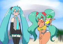  2girls :d :| alternate_breast_size aqua_necktie aqua_trim artist_name bare_shoulders bikini bikini_under_clothes black_bikini black_skirt black_sleeves black_thighhighs blue_eyes blue_hair blurry blurry_background blush brazilian_flag_print brazilian_miku breast_awe breasts can cleavage closed_mouth collared_shirt commentary crop_top cutoffs day detached_sleeves drink_can dual_persona english_commentary flower grey_shirt grey_shorts hair_between_eyes hair_flower hair_ornament hatsune_miku highres holding holding_can large_breasts long_hair long_sleeves looking_at_breasts looking_at_viewer micro_shorts multiple_girls nail_polish navel necktie nose_blush off-shoulder_shirt off_shoulder one_eye_closed open_mouth outdoors pink_flower pleated_skirt shirt shorts shoulder_tattoo signature skirt sleeveless sleeveless_shirt sleeves_past_fingers sleeves_past_wrists small_breasts smile soda_can standing swimsuit tan tanline_peek tanlines tattoo thick_thighs thighhighs thighs torn_clothes torn_shorts twintails very_long_hair vocaloid yellow_nails yellow_shirt zedrin zettai_ryouiki 