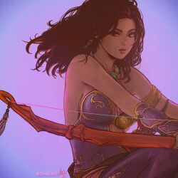  arm_guards armlet backless_outfit bow_(weapon) breasts dicesms earrings female final_fantasy final_fantasy_ii gem green_gemstone holding holding_bow_(weapon) holding_weapon jewelry long_hair looking_at_viewer maria_(ff2) medium_breasts necklace pants parted_lips purple_background purple_eyes purple_hair purple_pants purple_shirt shirt sideboob solo strapless unitard weapon 