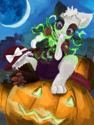  2020 4_fingers 4_toes absurd_res anthro bent_legs black_body black_fur blue_sky cape clothing colored digital_media_(artwork) digital_painting_(artwork) domestic_cat dress eyelashes fangs feet felid feline felis female fingers food fruit fur hair hat headgear headwear hi_res jack-o&#039;-lantern magic magic_user mammal moon multicolored_body multicolored_fur mythrava night open_mouth open_smile outside pawpads pink_nose pink_pawpads plant pumpkin purple_clothing purple_dress purple_eyes red_cape red_clothing red_hat red_headwear red_tongue shaded short_hair shrub sitting_on_jack-o&#039;-lantern sky smile solo teeth thin_eyebrows toes tongue two_tone_body two_tone_fur white_body white_bow white_fur white_hair witch witch_hat 