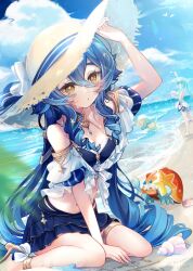  2girls :o alternate_costume arm_up armored_crab_(genshin_impact) artist_name bare_shoulders beach between_legs blue_bra blue_hair blue_ribbon blue_skirt blue_sky blush bra breasts cleavage cloud day drill_hair faruzan_(genshin_impact) fingernails from_side fungi_(genshin_impact) genshin_impact hair_between_eyes hand_between_legs hat hat_ribbon highres hoshiusagi_no_chloe jewelry layla_(genshin_impact) long_hair looking_at_viewer medium_breasts multiple_girls navel outdoors ribbon seashell shell simple_bird sitting skirt sky solo_focus star_(symbol) stomach straw_hat thighlet underwear very_long_hair water yellow_eyes 