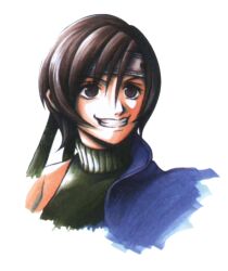  brown_eyes brown_hair chest_harness close-up commentary cropped_torso english_commentary female final_fantasy final_fantasy_vii forehead_protector green_sweater grin hair_between_eyes harness headband looking_afar looking_to_the_side marker_(medium) nomura_tetsuya off_shoulder official_art parted_bangs portrait production_art promotional_art ribbed_sweater short_hair simple_background single_bare_shoulder sleeveless sleeveless_sweater sleeveless_turtleneck smile solo sweater swept_bangs third-party_source traditional_media turtleneck white_background yuffie_kisaragi 