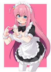  4-finger_heart_hands absurdres apron black_bow black_bowtie blue_eyes blush bocchi_the_rock! border bow bowtie breasts cleavage commentary_request cropped_legs cube_hair_ornament detached_collar dress female frilled_dress frills gotoh_hitori hair_ornament heart heart_hands highres korean_commentary leaning_forward long_hair looking_at_viewer maid_apron maid_headdress outside_border pepsi2330 pink_background pink_hair side_ahoge sidelocks solo sweatdrop thighhighs white_border white_thighhighs white_wrist_cuffs wrist_cuffs 