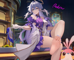  absurdres bar_(place) barefoot blurry blurry_background breasts character_name crossed_legs dress earrings eyebrows_hidden_by_hair female gloves hair_between_eyes halo head_wings high_heels highres holding holding_footwear holding_unworn_clothes honkai:_star_rail honkai_(series) jewelry large_breasts lips long_hair looking_at_viewer makeup nail_polish nekochan233 open_mouth origami_bird_(honkai:_star_rail) painting_(object) presenting_foot purple_dress purple_footwear purple_hair robin_(honkai:_star_rail) single_earring sitting smile soles solo teeth toes two-tone_dress unworn_footwear very_long_hair white_dress white_gloves wings 