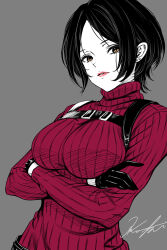  ada_wong ada_wong_(cosplay) arms_under_breasts belt_buckle black_gloves black_hair breasts buckle chest_harness commentary_request cosplay crossed_arms dress earrings female gloves grey_background hair_behind_ear harness hayami_kanade highres idolmaster idolmaster_cinderella_girls jewelry koya_(koya_x_00) large_breasts lips long_sleeves looking_at_viewer parted_lips pink_lips red_sweater resident_evil resident_evil_4 resident_evil_4_(remake) ribbed_sweater short_hair signature solo stud_earrings sweater sweater_dress turtleneck turtleneck_sweater upper_body yellow_eyes 