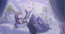  absurdres akemi_homura akuma_homura arms_up bare_shoulders bed bed_sheet bedroom black_gloves black_hair bouquet bow breasts canopy_bed closed_mouth dress female flower gloves hair_ribbon hairbow headboard highres indoors kaname_madoka long_hair lying mahou_shoujo_madoka_magica mahou_shoujo_madoka_magica_(anime) medium_breasts on_back on_bed picture_frame pillow pink_bow plant purple_eyes purple_hair red_ribbon ribbon rose shionoji08 signature smile solo table thighhighs vase very_long_hair wings 