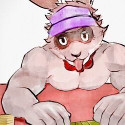  anothereidos_of_dragon_vein_r anthro athletic athletic_anthro baccarat_(anothereidos_r) blush bow_tie bow_tie_only facial_markings head_markings hi_res lagomorph leporid male mammal markings mask_(marking) mostly_nude nude poker_chip rabbit riotaro376333 solo 