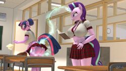  3d_(artwork) anthro anthrofied anthroponiessfm ass big_butt blush book bottomwear butt_growth classroom classroom_desk clothing desk digital_media_(artwork) duo equid equine friendship_is_magic furniture hair hair_bun hasbro hi_res horn magic mammal miniskirt my_little_pony mythological_creature mythological_equine mythology panties school school_uniform shirt skirt starlight_glimmer_(mlp) table topwear twilight_sparkle_(mlp) underwear unicorn uniform 