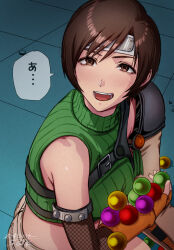  :d armor artist_name breasts brown_eyes brown_gloves brown_hair brown_shorts caught commentary crop_top cropped_sweater dropping elbow_gloves embarrassed eyelashes female film_grain final_fantasy final_fantasy_vii fingerless_gloves fishnet_gloves fishnets forehead_protector from_above from_side gloves green_sweater highres layered_gloves light_blush looking_at_viewer looking_to_the_side looking_up materia medium_breasts midriff nervous open_mouth pauldrons ribbed_sweater sgk short_hair shorts shoulder_armor signature single_bare_shoulder single_pauldron sleeveless sleeveless_sweater sleeveless_turtleneck smile solo speech_bubble sweatdrop sweater swept_bangs theft tile_floor tiles translated turtleneck turtleneck_sweater yuffie_kisaragi 