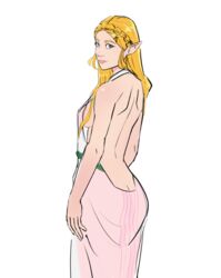  1girls ass back blonde_hair breasts breath_of_the_wild cani_(artist) clothed dress female green_eyes hairclip hylian hylian_ears long_hair looking_at_viewer looking_over_shoulder nintendo pale-skinned_female pointy_ears princess_zelda shoulders the_legend_of_zelda zelda_(breath_of_the_wild) 