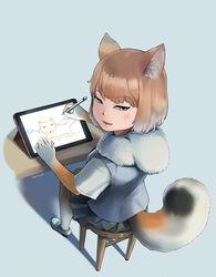  animal_ears beleven blue_background bodystocking brown_hair drawing female fox_ears fox_girl fox_tail from_above from_behind full_body fur_collar grey_hair highres holding kemono_friends layered_sleeves long_sleeves looking_at_viewer looking_back looking_up medium_hair miniskirt multicolored_hair open_mouth pleated_skirt shirt short_over_long_sleeves short_sleeves simple_background sitting skirt smile solo stool stylus tablet_pc tail tibetan_fox_(kemono_friends) tsurime twitter_username two-tone_hair vest yellow_eyes 