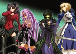  2000s_(style) 4girls armor armored_dress artbook artoria_pendragon_(fate) blonde_hair dress fate/stay_night fate_(series) highres long_hair long_sleeves medea_(fate) medusa_(fate) medusa_(rider)_(fate) multiple_girls nameless_dagger_(fate) nishida_asako official_art rotated saber_(fate) scan strapless strapless_dress sword thighhighs tohsaka_rin turtleneck very_long_hair weapon zettai_ryouiki 