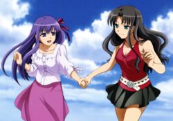  2000s_(style) 2girls artbook black_hair cloud cowboy_shot day eye_contact fate/stay_night fate_(series) highres holding_hands long_hair long_skirt looking_at_another matou_sakura miniskirt multiple_girls official_art outdoors purple_hair rotated siblings sisters skirt sky tohsaka_rin 