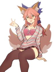  :d absurdres animal_ear_fluff animal_ears black_skirt black_thighhighs blue_bow bow bra breasts cleavage collarbone commission cowboy_shot distr english_commentary fate/extra fate_(series) female fox_ears fox_girl fox_shadow_puppet fox_tail hair_between_eyes hairbow highres hood hoodie large_breasts long_hair long_sleeves looking_at_viewer multiple_tails oerba_yun_fang open_clothes open_hoodie open_mouth pink_bow pink_bra pink_hair pink_hoodie pink_trim pleated_skirt ribbon simple_background sitting skirt smile solo striped_clothes striped_hoodie tail tamamo_(fate) tamamo_no_mae_(fate/extra) tamamo_no_mae_(spring_casual)_(fate) thighhighs underwear white_background white_hoodie yellow_eyes 