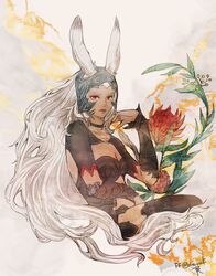  animal_ears black_choker choker collarbone dark-skinned_female dark_skin dated female final_fantasy final_fantasy_xii floral_background fran_(ff12) headpiece long_hair midriff rabbit_ears red_eyes ruka_(blueplus84) solo twitter_username viera white_hair 