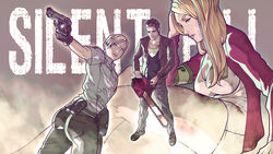  1boy 2girls aiming ass beretta_92 blonde_hair blue_eyes brown_hair chainsaw commission cybil_bennett denim dirty dirty_clothes english_text gun handgun harry_mason hat highres holding holding_gun holding_weapon jeans lisa_garland long_hair looking_back mila_the_mute multiple_girls nurse nurse_cap pants police police_uniform policewoman short_hair silent_hill_(series) silent_hill_1 uniform weapon 