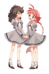  2girls ahiru_(princess_tutu) ahoge arms_at_sides bare_legs black_footwear black_hair blue_eyes bobby_socks braid brooch collarbone collared_dress commentary_request dot_nose dress eye_contact eyelashes flat_chest full_body grey_dress grey_jacket happy holding_hands jacket jewelry juliet_sleeves legs_apart legs_together light_blush long_braid long_eyelashes long_sleeves looking_at_another mary_janes medium_hair multiple_girls open_mouth oppaisagara orange_hair princess_tutu puffy_sleeves red_eyes rue_(princess_tutu) school_uniform shoes short_dress simple_background single_braid socks standing talking tareme tsurime white_background white_legwear 