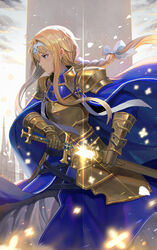  alice_zuberg armor armored_dress blonde_hair blue_cape blue_dress blue_eyes braid cape commentary_request dress energy female floating_hair from_side frown gauntlets gloves glowing glowing_sword glowing_weapon gold_armor gold_gloves hair_between_eyes hair_ribbon hairband highres hip_armor holding holding_sheath holding_sword holding_weapon knight long_hair looking_away magic osmanthus_blade photoshop_(medium) ribbon sheath sheathed shoulder_armor sl86 solo sword sword_art_online sword_art_online:_alicization unsheathing weapon white_hairband white_ribbon yellow_armor yellow_gloves 