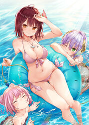  +_+ 3girls ;o alt_(ctrldel) arm_up atelier_(series) atelier_sophie bikini blush breasts brown_eyes cleavage closed_eyes corneria_(atelier) day flower from_above green_eyes hair_flower hair_ornament hand_on_forehead highres innertube jewelry legs lying medium_breasts medium_hair multiple_girls navel necklace on_back one_eye_closed orange_eyes outdoors partially_submerged pink_bikini pink_flower pink_hair plachta purple_hair red_flower red_hair short_hair side-tie_bikini_bottom smile soaking_feet sophie_neuenmuller swim_ring swimming swimsuit thigh_gap thighs water wet 