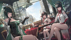  3girls absurdres ahoge architecture bead_necklace beads black_collar bracelet breasts bridal_gauntlets brown_eyes building cc_xiaotintin china_dress chinese_clothes cleavage cleavage_cutout clothing_cutout collar commentary couch crossed_legs cup dango detached_sleeves dress european_architecture feet_out_of_frame flower folded_fan folding_fan food green_dress hair_ornament hair_stick hand_fan hanfu hanying:_zitherwoe_(punishing:_gray_raven) hanying_(punishing:_gray_raven) hat highres jewelry long_hair looking_at_viewer medium_breasts multicolored_clothes multicolored_dress multiple_girls necklace nihongami official_alternate_costume official_art pulao:_dragontoll_(dreamweaver)_(punishing:_gray_raven) pulao_(punishing:_gray_raven) punishing:_gray_raven qingdai_guanmao qu:_pavo_(scarlet_spring)_(punishing:_gray_raven) qu_(punishing:_gray_raven) red_flower red_rose rose sitting strapless strapless_dress table teapot thigh_strap thighs tree turtleneck turtleneck_dress twintails wagashi white_dress 