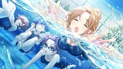  4girls =_= air_bubble asakura_toru barefoot blue_one-piece_swimsuit blush breasts bubble chain-link_fence cleavage closed_eyes day dutch_angle feet fence forehead fukumaru_koito game_cg goggles goggles_on_eyes hair_bun higuchi_madoka holding_breath ichikawa_hinana idolmaster idolmaster_shiny_colors medium_breasts multiple_girls noctchill_(idolmaster) official_art one-piece_swimsuit outdoors parted_bangs partially_submerged partially_underwater_shot pool pool_ladder school_swimsuit single_hair_bun soles splashing submerged swimming swimsuit toes water 