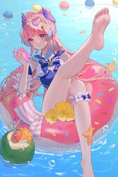  absurdres afloat alternate_costume artist_name banana_hair_ornament barefoot blue_bow blue_bowtie blue_hair blue_horns blue_one-piece_swimsuit bow bow-shaped_hair bowtie bridal_garter bubble casual_one-piece_swimsuit closed_mouth coconut colored_tips convenient_censoring detached_sleeves drinking_straw eyewear_on_head feet female flower food-themed_hair_ornament frilled_sleeves frills full_body genshin_impact hair_ornament heart heart-shaped_eyewear highres holding holding_flower horns innertube leg_up legs liloumaotou long_hair looking_at_viewer melon_hair_ornament multicolored_hair one-piece_swimsuit petals pink-tinted_eyewear pink_flower pink_hair purple_eyes sangonomiya_kokomi smile soles solo starfish swim_ring swimsuit tinted_eyewear toes vision_(genshin_impact) water yellow_flower 