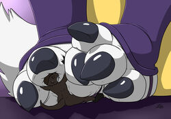  3_toes anthro bandai_namco canid claws digimon digimon_(species) duo evil-sprite feet female foot_fetish foot_focus macro male male/female mammal micro mustelid otter pinned_by_foot renamon toe_claws toes underfoot 