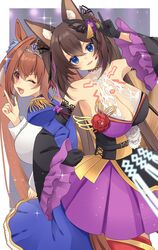  2girls blue_dress blue_eyes blue_hair brown_hair butterfly_hair_ornament caleen_keemosn choker cleavage commission daiwa_scarlet_(umamusume) detached_sleeves eyebrows_visible_through_hair female female_only fox_ear fox_girl fox_tail frilled_sleeves gloves hair_ornament hair_ribbon hataraku73 headset horse_ears horse_girl horse_tail huge_breasts idol kemonomimi kitsunemimi looking_at_viewer multiple_tails oerba_yun_fang open_mouth purple_dress red_eyes runes safe_for_work smile star_ocean star_ocean_anamnesis thighhighs tiara twintails two_tone_hair uniform very_long_hair wholesome wink 