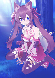  bare_shoulders blue_eyes blush brown_hair caleen_keemosn choker cleavage commission detached_sleeves eyebrows_visible_through_hair female female_only forest fox_ear fox_girl fox_tail garter_belt garter_straps hair_ribbon kemonomimi kitsunemimi large_breasts looking_at_viewer miko mikoko1 multiple_tails runes safe_for_work sitting_on_ground smile star_ocean star_ocean_anamnesis thighhighs twintails very_long_hair wholesome 