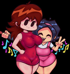  2023 2girls asian asian_female auburn_hair backstab breasts dress fnf friday_night_funkin girlfriend_(friday_night_funkin) imminent_backstab imminent_death knife long_hair musical_note nebssik nene_(newgrounds) newgrounds no_leggings no_legwear peace_sign pico&#039;s_school red_dress smile thick_thighs tits 