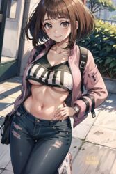  1girls ai_art_panwho ai_generated brown_eyes brown_hair clothing coat female female_only medium_breasts my_hero_academia ochako_uraraka safe sfw short_hair 