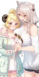  2d 2girls arm_on_shoulder arm_over_shoulder bare_shoulders blonde_hair blush blush_lines boobs breast_press breasts casual_clothes digital_drawing_(artwork) female female_focus female_only hair handholding holoforce hololive hololive_gen_5 hololive_japan image large_breasts light_skin lion_girl long_hair looking_at_partner open_eyes open_mouth pressing_breasts_together sheep_girl shishiro_botan short_hair shorter_female shoulders standing taller_female taller_girl tsunomaki_watame virtual_youtuber white_hair 